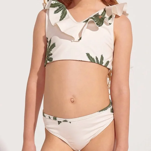 Ancora Swimwear toddler girl high pool palms mini bikini ruffle 2 cream green